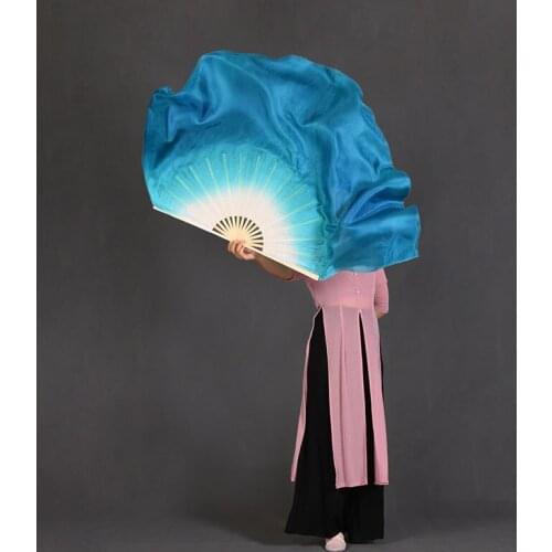 1 Pair Dark Blue White Gradient Silk Fan Veils Classical Dance Chiense Bamboo Folding Fan 100% Silk Women Performance Props