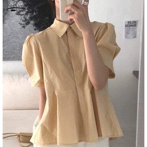 Puff Sleeve Summer Women Shirt 2021 New Korean Chic Casual Ladies Tops Retro Turn-down Collar Pleated Design Loose Blouses 15364
