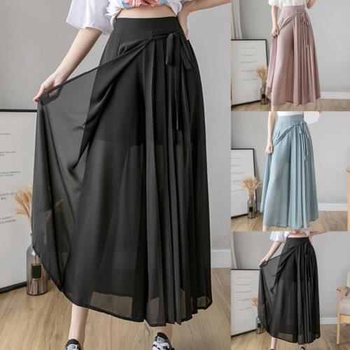 Women Pants Solid Color Bandage Elastic High Waist Wide Leg Pants for Women Plus size Loose Dress Pants Female Skirt Trousers