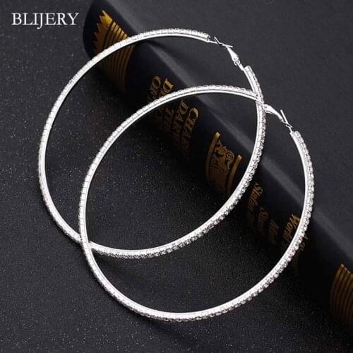 BLIJERY Bling Rhinestones Hoop Earrings For Women Super Big Circle Earrings Silver Color Crystal Femme boucle d'oreille