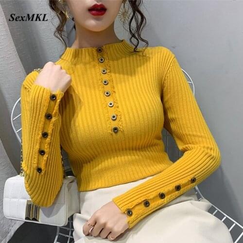 Women Buton Winter Pullovers 2020 Fashion Casual Long Sleeve Sweaters Korean Clothes Slim Sexy Elegant Basic White Black Sweater