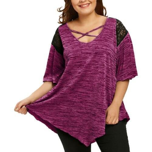 5xl Tops For Ladies Blusas Mujer De Moda 2021 Womens Plus Size Fashion V-neck Lace Stitching Loose Casual Top Shirt Рубашка