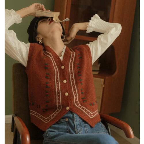 Knitted cardigan vest ladies 2021 spring and autumn new fashion sleeveless V-neck retro casual western style all-match blouse