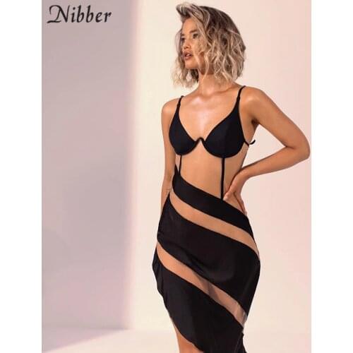Nibber Sexy Hot Patchwork Mesh See-Through Spaghetti Strap Skinny Dress For Women 2020 Fashion Club Party Bodycon Dresses Mujer