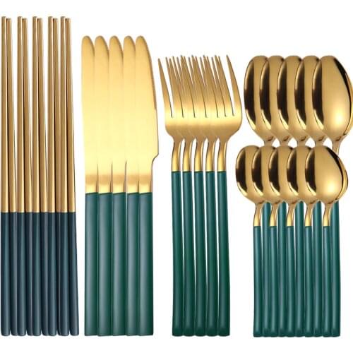 Covered Golden Cutlery Complete Dinnerware Set of Tableware Flatware Dinninning Kitchen Accessories Forks and Spoon Chopstick
