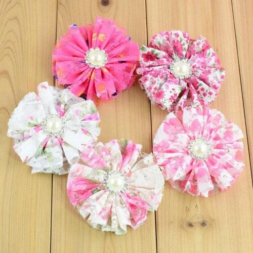 20pcs/lot New Sewed Lace Flowers With Rhinestone Alternative Chiffon Hair Flower Accessories Free Shipping FH64