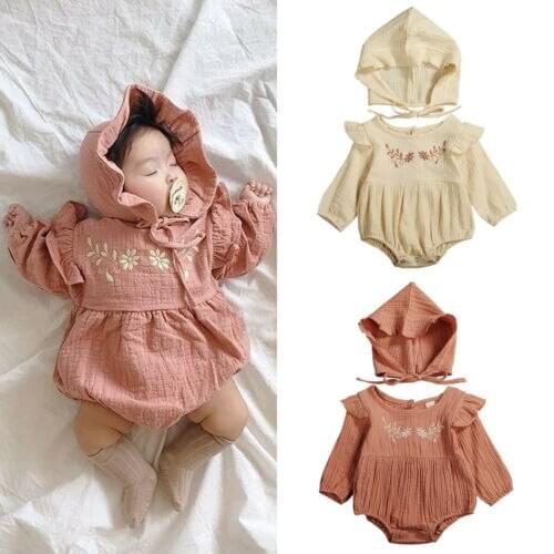 2020 Baby Spring Autumn Clothing Newborn Baby Girl Cotton&Linen Clothes Ruffle Romper Embroidery Jumpsuit Hat 2PCS Outfit