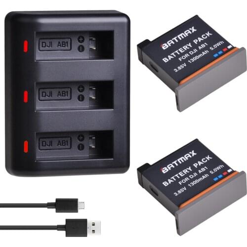 2Pcs 3.85V 1300mAh AB1 Battery + Triple USB Charger with Type C Port for DJI Osmo Action Sports Camera AB1 Battery