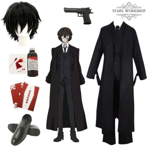 Anime Bungo Stray Dogs Dazai Osamu Cosplay Costume Adult Men Women Black Trench Coat Jacket Suit For Halloween Christmas Party