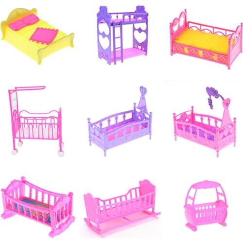 One Piece Plastic Double Bed Frame Pillow Sleepwear Crystal Shoes For Barbie Doll Bedroom Furniture Accessories Multi Styles