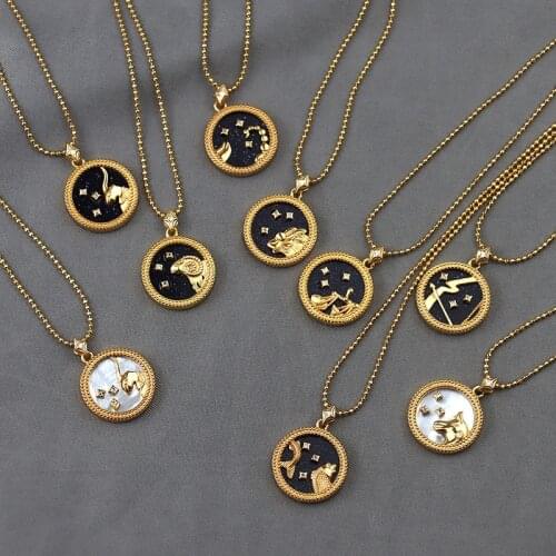 Gold Color 925 Sterling Silver Shell Blue Sand 12 Zodiac Sign Constellation Pendant Necklace CZ Fashion Jewelry Gift for Women