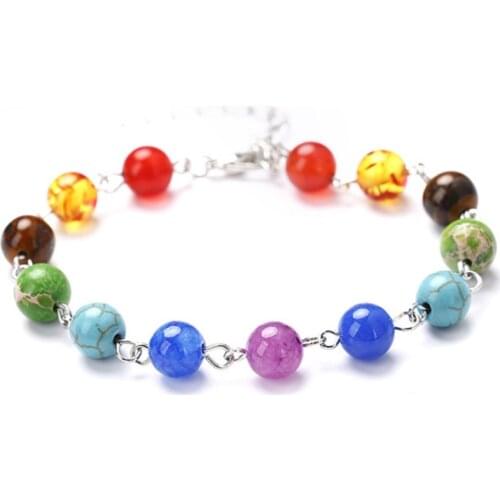 FYJS Unique Jewelry Silver Plated Link Chain Connect 8 mm Colorful Round Beads Stretchy Bracelet