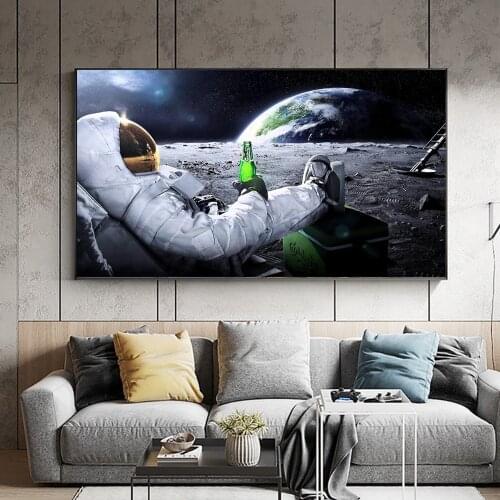 Astronaut Drink Beer on the Moon Landscape Canvas Painting Printed Wall Art Space Man Picture for Living Room Quadros Home Decor