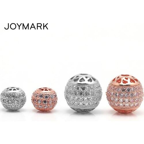 8mm 12mm CZ Zircon Micro Pave Round Hollow Heart Authentic 925 Sterling Silver Spacers Loose Beads Jewelry Accessories SB-CZ602