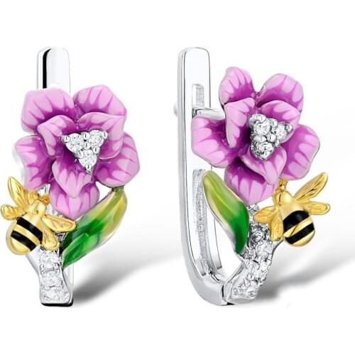 Cute Bee Flower Silver Bohemia Dangle Earrings for Women High Quality Purple Enamel Zircon Animal Earrings Wedding Party Jewelry