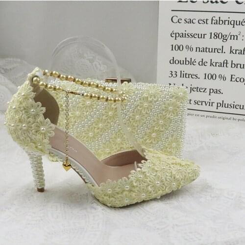 Fashion Lace Flower Wedding Shoes With Matching Bags High Heels Pointed Toe Ankle Strap Ladies Party shoe and bag set Pearl Shoe