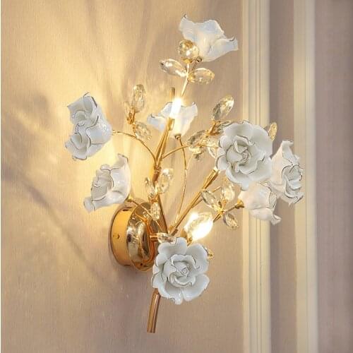 Bedroom Bedside Wall Lamp Modern Simple Ceramic Sconce Creative Crystal Flower Wall Light Living Room Stair Aisle LED Lighting