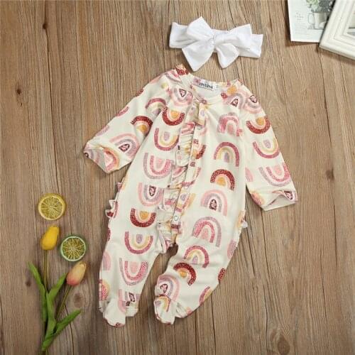 Newborn Baby Girls free shipping clothes Long Sleeve round neck Ruffle Geometry Romper solid bow Headband 2oc Autumn kids outfit