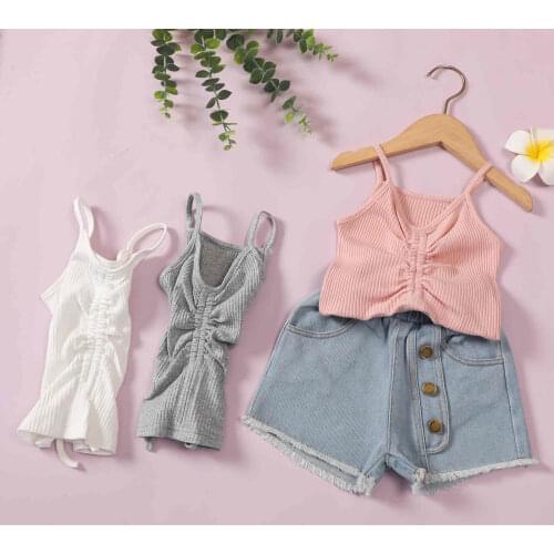 1-6Y Children Kids Girls Clothes Set Summer Girl Solid Ribbed Sling Tops+Denim Shorts 2pcs Girl Outfits Toddler Girl Clothing