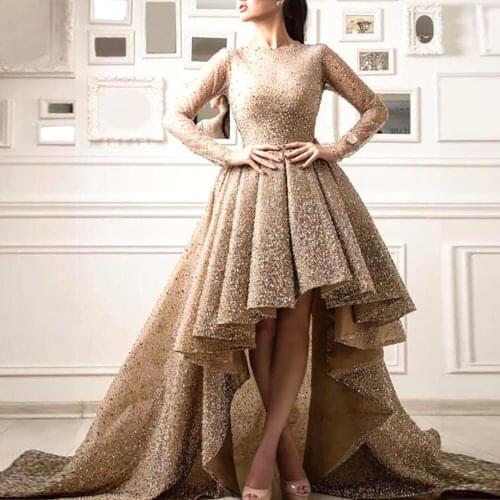 High Low Long Sleeves Prom Dresses vestido de festa Glitter Fabric With Pearl Round Neck Pleat Short Front Long Back Bridal Gown