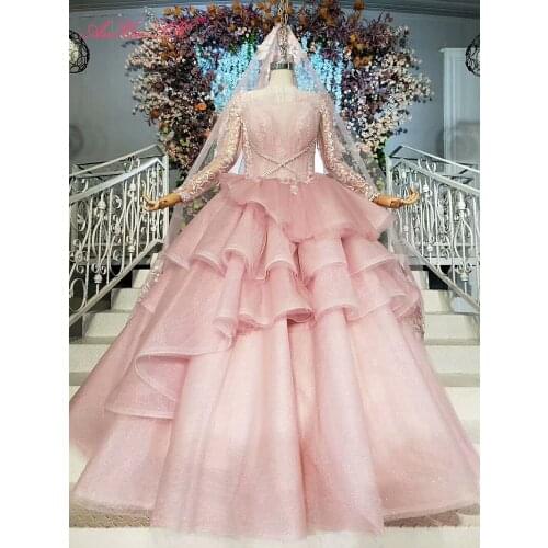 AnXin SH Luxury princess pink flower lace o neck beading crystal ruffles illusion long sleeve wedding dress 100% real photo