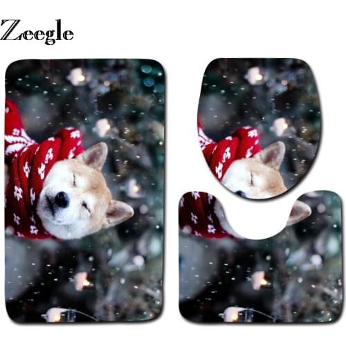 Zeegle Christmas Decor Lovely Dog Painting Dogs Toilet Mat Anti-slip Bathroom Floor Rug Animal Front Foot Mat