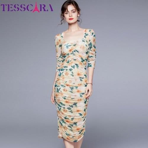 TESSCARA Women Spring & Summer Floral Mesh Dress Festa High Quality Elegant Wedding Party Robe Femme Designer Pencil Vestidos