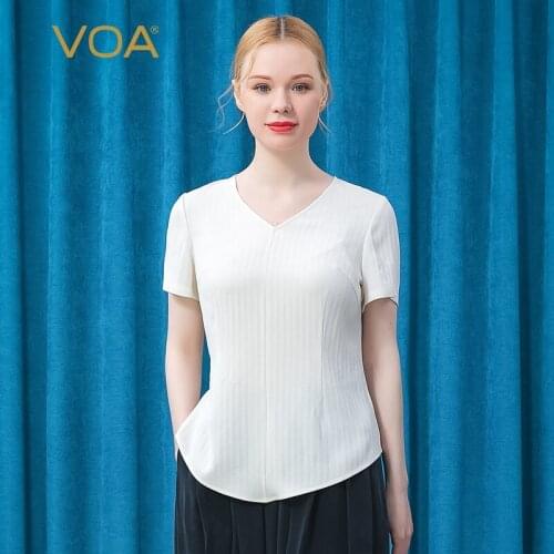 VOA 46m/m Heavy Silk Unbounded V-neck Short Sleeve Vertical Stripes Pure White V-shaped Front Hem Ladylike T-shirt BE581