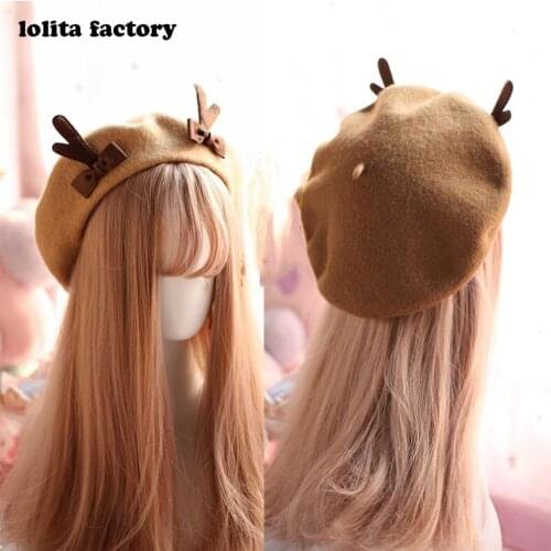 Japanese Christmas party gift Autumn HAT Winter Santa Antler Beret Wool Painters Cap Cute Deer Antler Burning Bud Cap headwear