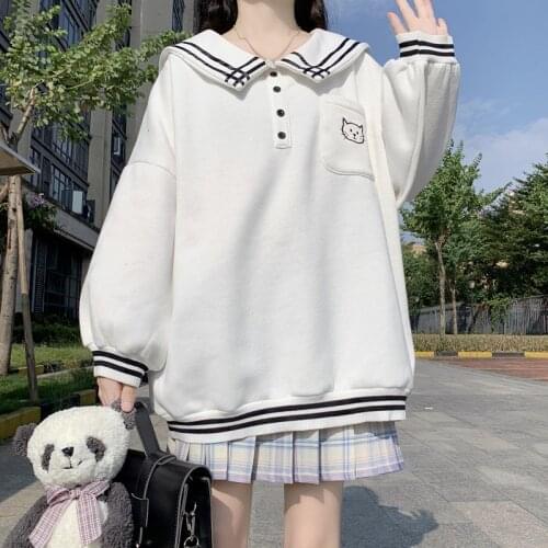 Japanese Oversized Sweatshirt Sweety Sailor Collar Cute Cartoons Cat Embroidery Lantern Sleeve Fleece Keep Warm Sweatshirts