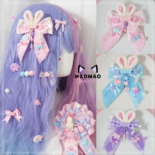Japanese Sweet Pink blue purple Plush rabbit Bow Hairpin Headdress Hair accessories lolita brooch Sweet girl handmade Kawaii