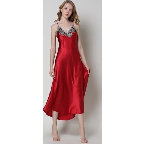M-3XL Red Silk Satin Long Spaghetti Strap Nightdress Women Sexy V-Neck Backless Intimate Nightgown Homewear Lace Trim Sleepwear