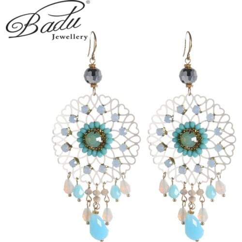 Badu Women Tassel Pendant Earrings Boho Style Earrings Color Metal Love Hollow Design Inlaid Blue Crystal Exaggerated Earrings