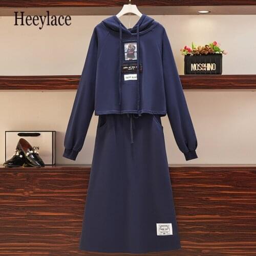 Plus Size 4XL Clothing Women 2021 Winter High Street Suit Women Patch Hooded Sweatershirt Top And A Line Skirt Two Piece Set