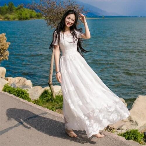 Women Summer Lace Maxi Dress White Female See Through Hollow Out Fairy Dresses Lady Boho Beach Party Long Robe Veatidos 2021