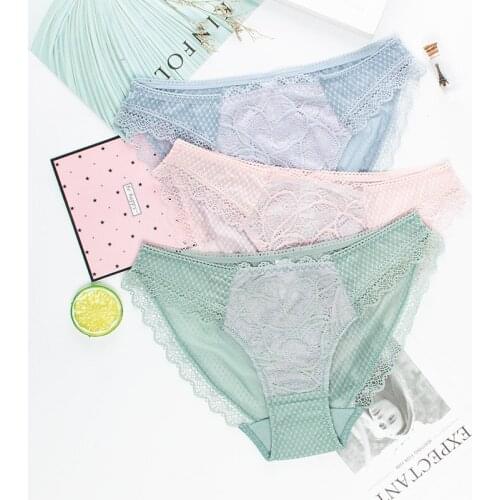 Wasteheart Women Fashion Blue Cotton Lace Mesh Low Waist Sexy Panties Underwear Lingerie Women Briefs 3 Piece 3 Color Underpants