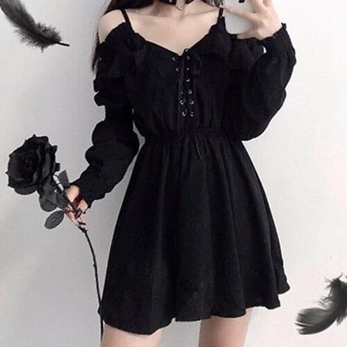 Women Dress Plus Size 4XL Lace Up Black Autumn High Waist Female Dresses Off Shoulder Long Sleeve Gothic Clothes