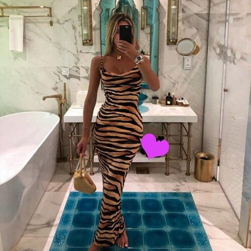 Women Dress New Hot Sexy Lady Sleeveless V-Neck Backless Bodycon Casual Party Club Tigerskin Print Maxi Sheath Bag Hip Clothing
