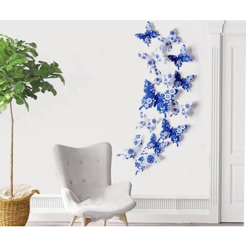 12Pcs/Set Butterflies Wall Sticker Blue And White Porcelain 3D Butterfly Wall Sticker Party Bedroom Fridge Home Decoration