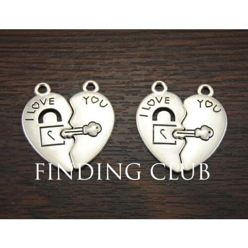 15 sets Zinc Alloy Silver Color Love Lock and Key Jigsaw heart puzzle pieces charms DIY Metal Necklace Jewelry Findings A994