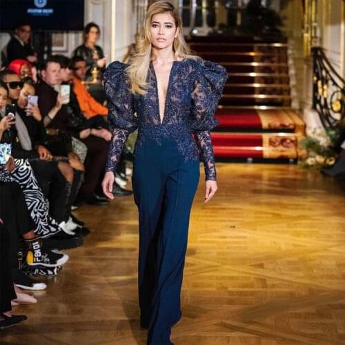 2020 Jumpsuits Navy Blue Evening Dresses Long Sleeve Lace Appliqued Beaded Formal Prom Dress African Robes De Soirée