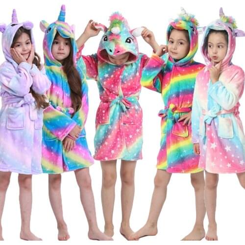 1-6Y Unicorn Hooded Children Bathrobe Baby Robe Cartoon Rainbow Bath Robe Animal For Boys Girls Pyjamas Nightgown Kids Sleepwear