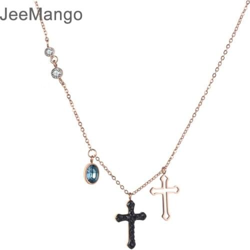 JeeMango Stainless Steel Jewelry Hollow Out & Black Crystals Corss Pendant Necklace Rose Gold Color Chain New Year Gift N18271
