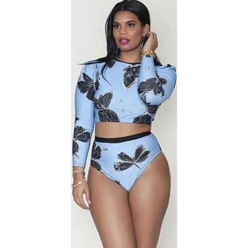 2021 Sexy Womens Printing Bikini Set Beach Swimsuits Summer Autumn Ladies High Waist Biquini Long Sleeve Swimwear Bathing Suit