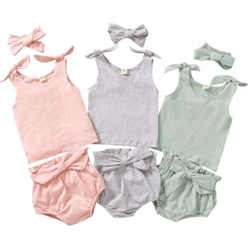 3Pcs Baby Girl Outfits Sleeveless Tie Knot Tank Top Vest + Bloomers + Headband Set Summer