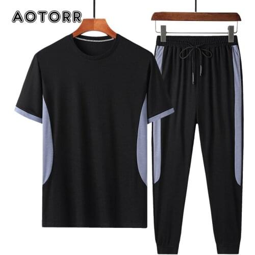 Mens Set Fashion Sports Suit Popular Short Sleeve Sports Set Sportswear Tracksuit Man Casual Long Pants Quick Dry 2 PCS Set 4XL