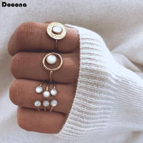 Docona Boheian 3pcs/sets Gold Ring Sets Charming White Opal Stone Hollow Geometric Wedding Rings Jewelry Accessories 9239