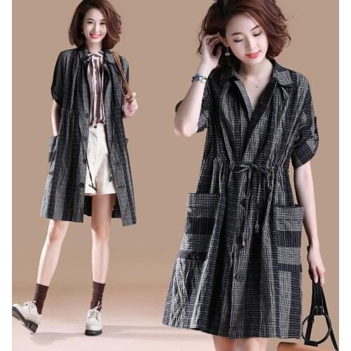 2020 new Spring Autumn Dress Womens Large Size Korean Seven-point sleeve striped Plaid Lace Long Trench Coat m500