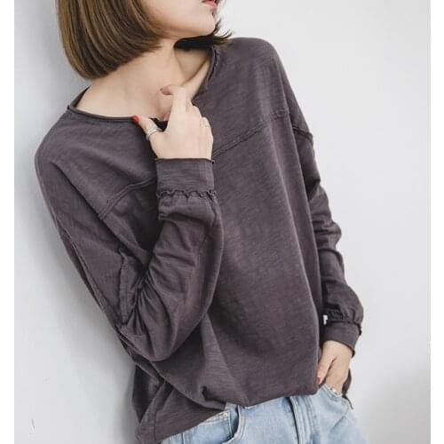 Autumn loose cotton large size base shirt womens long sleeve bamboo cotton T-shirt womens Korean large version slimming top