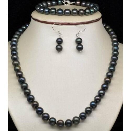 Free Shipping Lovely 8-9MM black pearl necklace &bracelet &earring 18"
